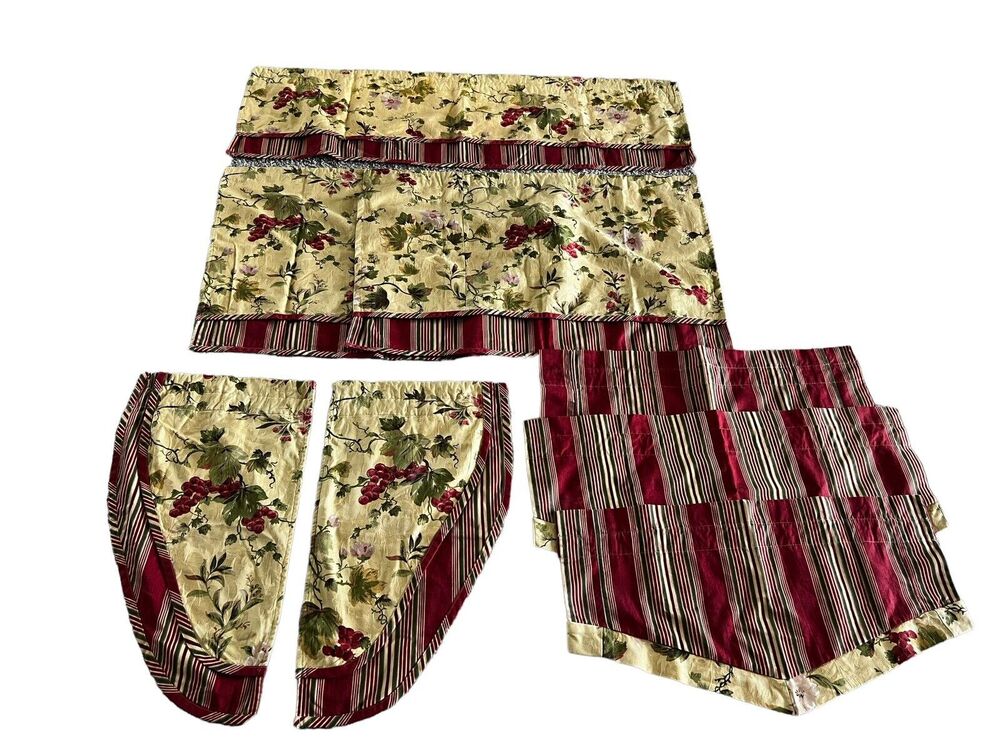 Window Treatments Custom 8 Pc Valance Tier Curtains Gold Red Green Grapes Stripe